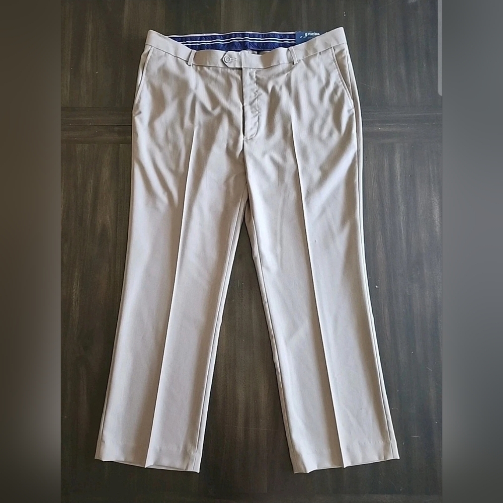 STAFFORD Signature Dress Pants Mens 42 x 30 Flat Front Taupe Stripe Slacks NWT - Picture 3 of 8